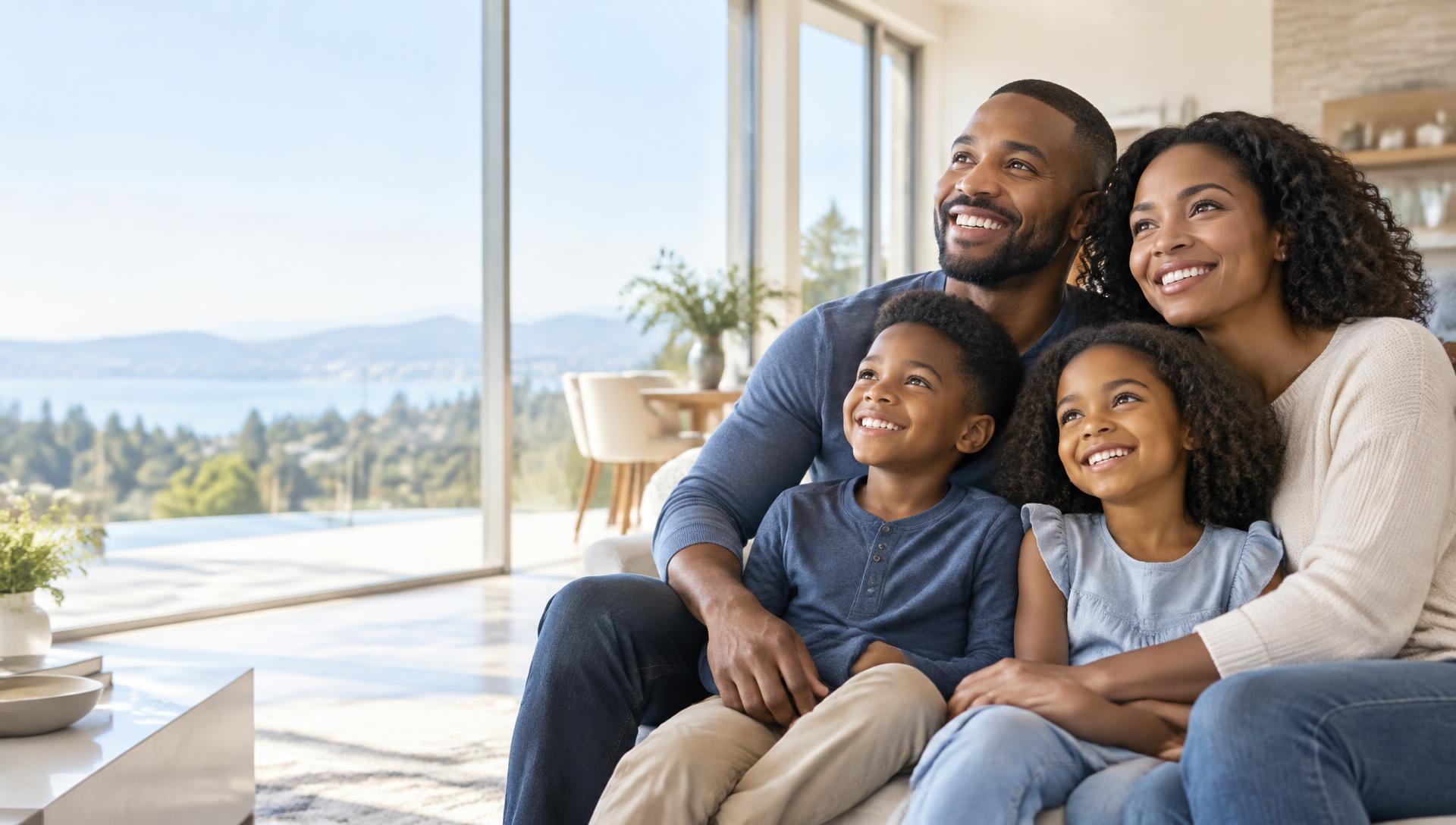 A happy Black family enjoying time together in a bright modern home